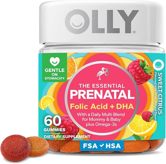 OLLY Prenatal Multivitamin Gummy, Daily Multi Blend for Mommy & Baby, Folic Acid, Omega 3 DHA, Vitamins A & D, Sweet Citrus Flavored, 30 Day Supply - 60 Count