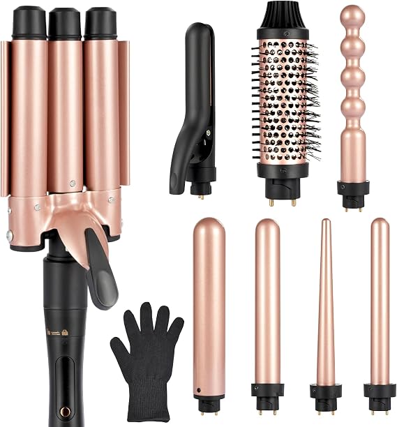 Ideal Swan 8 in 1 Curling Iron Set with Interchangeable Ceramic Curling Wand, Thermal Brush & Flat Iron (0.35"-1.25) Professional Hair Curler