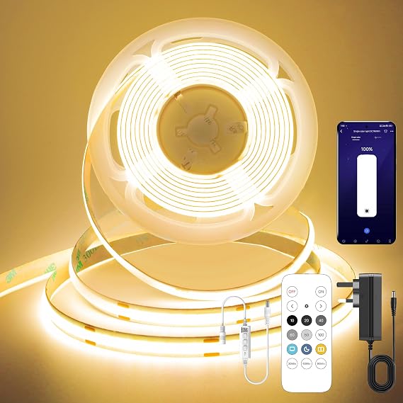 COB LED Strip Light 5M,24V Dimmable Dotless LED Strip with App and Remote dimmable,Warm White 2700K,8mm Wide,CRI>90,cutable Strip Lights with Power Supply for Bedroom,Kitchen,cabinets [Energy Class D]