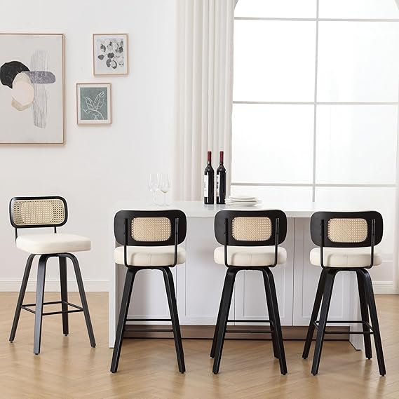 Bekrvio Swivel Bar Height Stools Set of 4, Upholstered Faux Leather Barstools with Rattan Back, 29 Seat Height Tall Bar Stools for Kitchen Counter, Black Wood Frame, Cream White