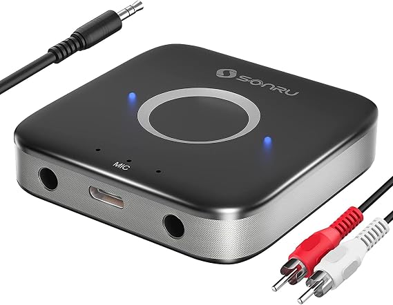 SONRU Aux Bluetooth Receiver, Car Bluetooth Receiver, Bluetooth 5.3 Receiver with AUX and RCA Cable, 15 Hours Playtime, Handsfree Calling, Connect 2 Devices Simultaneously for Car Speaker Car Radio