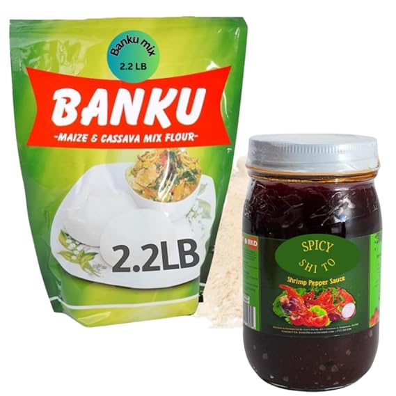 African Delights Ghanaian Combo HomeFresh Banku Mix 1kg + Julie's Special Shito Shrimp Sauce 16oz| Pounded Cassava & Maize Flour with Spicy Ghanaian Condiment | African Meal Pack