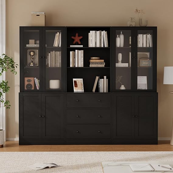 TUSY 71" H Bookshelf with Storage, 6-Tier Modern Bookshelves with 3 Large Drawer, Display Bookcase with Glass Doors, Modern 5-Tier Curio Cabinet for Home Office, Dining Room (Black, ABA)