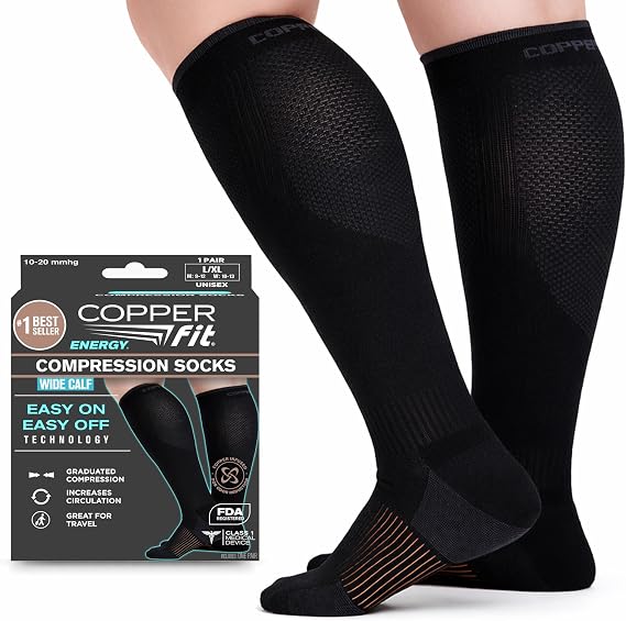 Copper Fit Energy Graduated Wide Calf Compression Socks for Men & Women Easy On, Easy Off, For Circulation & Swelling Relief Ideal for Travel, Nurses, Running, Recovery