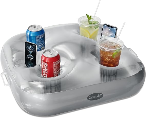 Crystals Inflatable Floating Drink Holder Tray – Clear PVC Pool Food & Beverage Float, Multi Cup Holder for Swimming Pool, Hot Tub & Spa, Durable Party Serving Raft for Drinks & Snacks