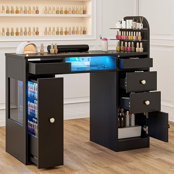 Manicure Table for Nail Tech w/LED Light Display Cabinet,Professional Nail Tech Desk with Storage Cabinet & Drawer, Dust Collector, Wrist Rest, Acetone-Resistant, for Beauty Salon, Spa & Home