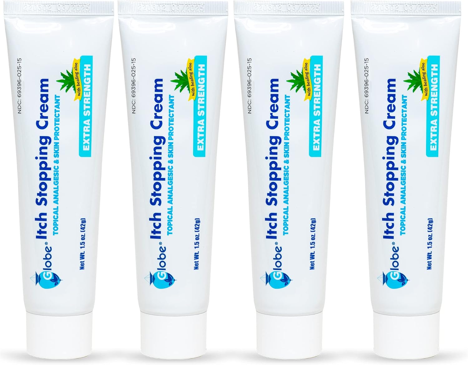 4 Pack Globe Extra Strength Itch Stopping Anti-Itch Cream 1.5 Oz with Histamine Blocker, Diphenhydramine HCl Topical Analgesic & Zinc Acetate Skin Protectant for Relief from Most Outdoor Itches