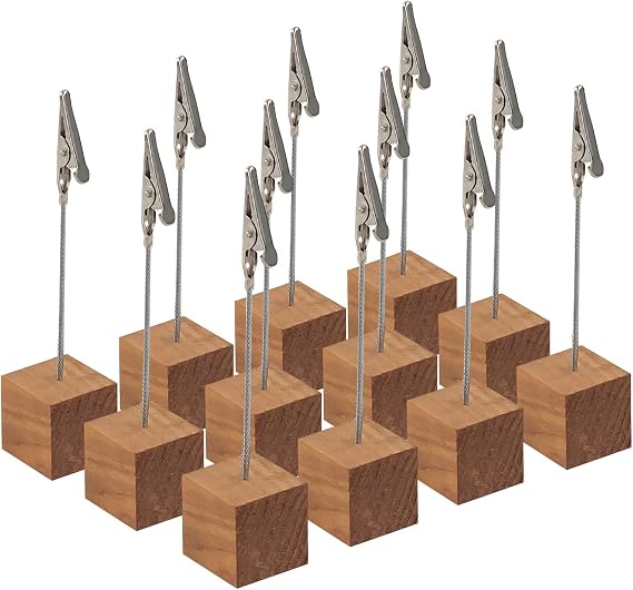 Pack of 12 Card Stands Photo Holders with Clips Memo Clip Holder Christmas Card Holder with Crocodile Closure Wooden Base Photo Stand Place Card Holder for Pictures Cards Notes