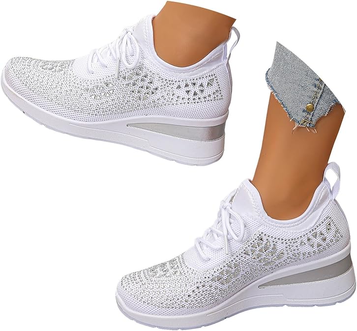 High Heeld Wedge Sneakers for Women Platform Hidden Heels White Sneakers Lace Crochet Lace Up Shoes Chunky Bottom High Top Canvas Shoes Mesh Casual Loafers Breathable