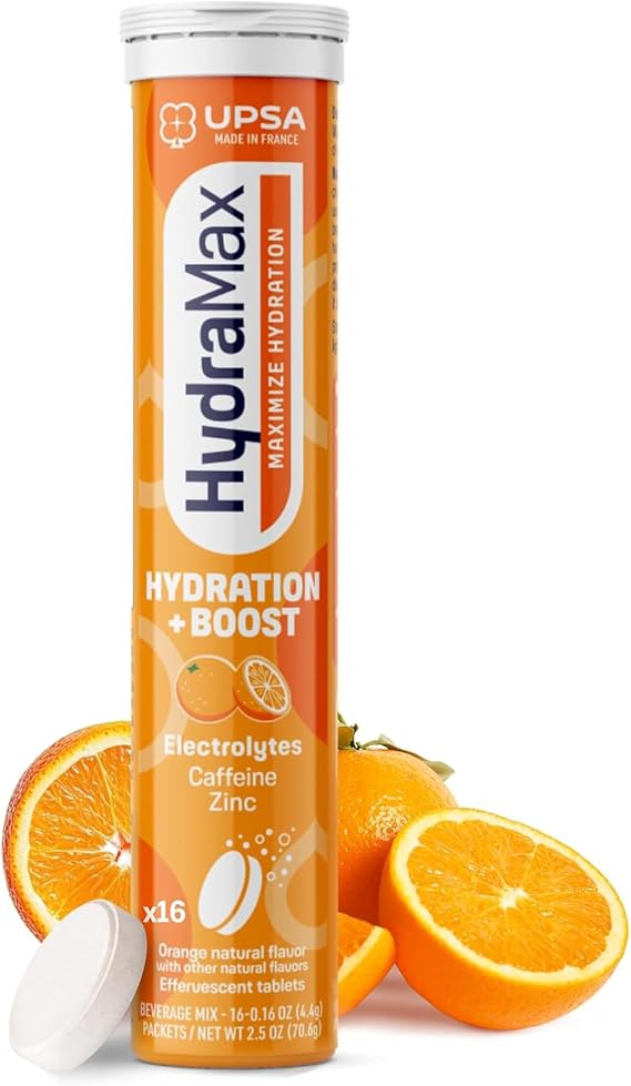 UPSA HydraMax Boost Electrolytes Hydration Tablets Natural Orange Effervescent Hydrating with 4 Essential Electrolytes Vitamin C, B3, Zinc & Caffeine, Daily Hydration Mix Support 16 Count