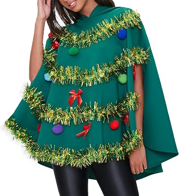 Christmas Tree Costume For Women Bow Ball Decor Hooded Cloak Cape Xmas Tree Dress Costume for Cosplay Party Green, L