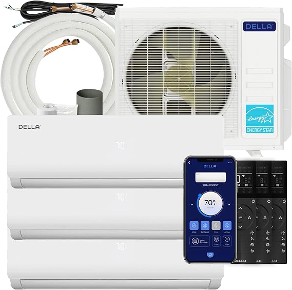 DELLA 28K BTU ODU Mini Split AC 3 Zone (2 * 9K+12K BTU) 20 SEER2 208-230V Works with Alexa and Wifi, Cools Up to 1350 Sq.Ft, Energy Efficient, Multi Zone, Pre-Charged Heat Pump, 16ft Kits
