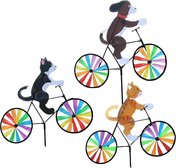 3Pcs Wind Spinner 24x20 Inch Animal Bike Spinners Decoration, Cat and Dog Bicycle Wind Spinners Outdoor Cute, Windmill Wind Spinner for Yard Garden Lawn, Large Animal Pin Wheels Outdoor Decor Gifts