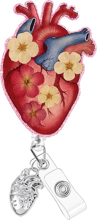 Plifal Nurse Badge Reel Holder Clip - Cardiac Heart Floral Retractable ID Name Card Badge Reel with Charm Alligator Clip, Nurse Nursing Office Medical Worker Student Accessories Gifts