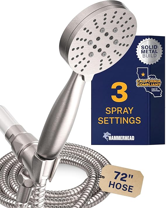 HammerHead Showers Solid Metal 3-Spray Handheld Shower Head with Long Hose and Holder, High Pressure, WideMassageMist Sprays, Brushed Nickel, 1.75 GPM