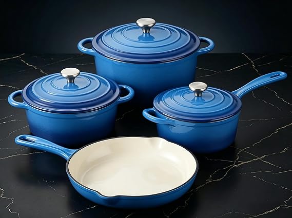 QuliMetal Enameled Cast Iron Cookware Set, 4-Piece Pots and Pans Set with Lids, 10.25" Skillet, 2QT Saucepan, 2.8QT & 4.8QT Dutch Ovens, Oven Safe to 500F, All Stovetops Compatible - Cobalt Blue