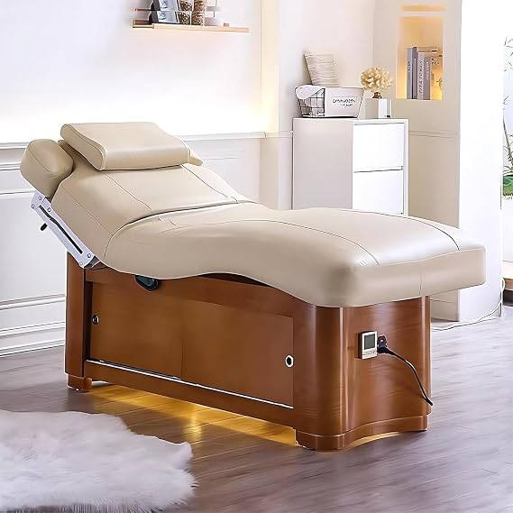 Electric Beauty Bed, Electric Massage Bed with One-Button Lifting System, Full Body Airbag Massage Bed with Heating and Hidden Storage Function