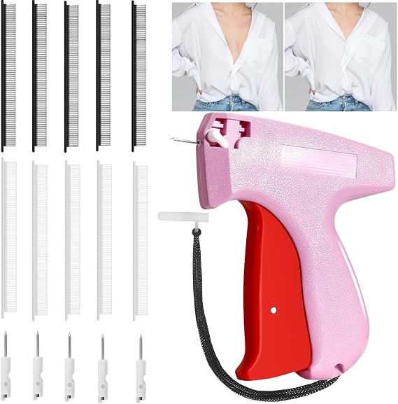 Tagging Gun for Clothing, Stitch Gun for Clothes Quick Clothing Fixer Mini Stitch Gun with 6 Needles and 1000 White &1000 Black Fasteners Clothing Fixer (Pink)