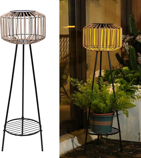 Outdoor Floor Lamp Outdoor Solar Lights Rattan Lamp with Plant Stands Metal Tripod Outdoor Floor Lamps for Patio Yard Deck Porch Walkway Driveway Garden Decor