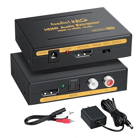 avedio links HDMI Audio Extractor 4K, HDMI to Optical RCA or 3.5mm Jack Audio Adapter Converter Splitter, Supports Dolby Digital DTS 5.1 PCM for PS5, Fire Stick, Blu-ray Player, Sound System