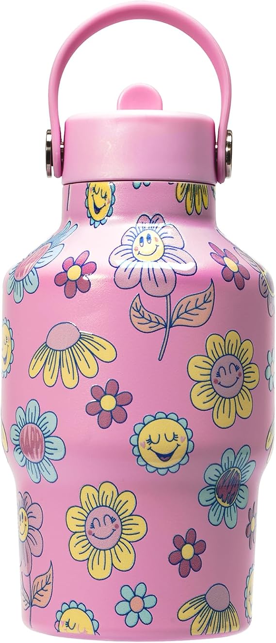 Mayim Mini Flow Trail Kids Water Bottle 15 oz, Flip-Up Straw, Carry Handle, Vacuum Insulated Stainless Steel, Leak Proof, 12 Hours Cold, BPA Free (Light Pink/Smiley)