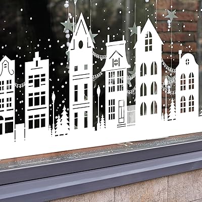 47 Inch 2 Pcs Christmas Winter Scene Window Clings Extra Large Village Street Scene Windows Border Christmas Decoration Snowy Winter Reusable Non-Adhesive Holiday Windows Door Stickers Decor