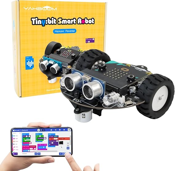 Yahboom Microbit V2 Robot Intelligent Obstacle Avoidance Follow Makecode Graphical Programming Python Programming(with Microbit V2) Pre-Assembled Battery Pack