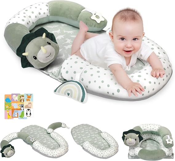 Foryoomi 4 in 1 Tummy Time Mat with Educational Cards, Play Mat & Sitting Support for Newborn 0-12 Months, Infant Baby Sit Me Up Floor Seat, Sensory Skills Gifts, Dinosaur