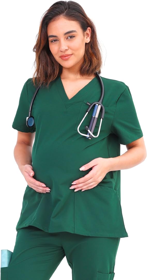 Maternity Scrubs Shirt for Women Doctor Uniform Short Sleeve Pregnant Nurse Scrub with Large Pockets