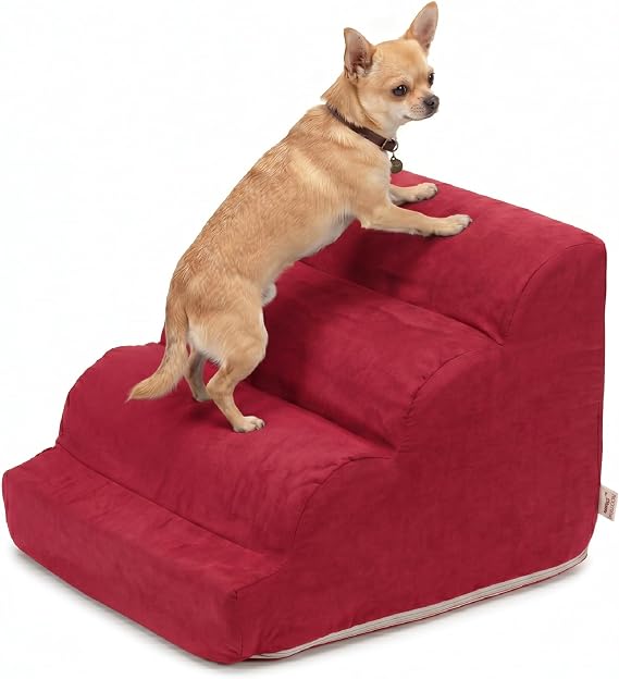 Snoozer Scalloped Dog Ramp, 14 Tall Foam Pet Stairs, 3 Steps, Red | Lightweight & portable foam dog stairs, Removable washable cover, Great for small, old, or injured pets up to 100lbs