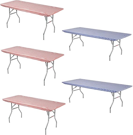 Kwik-Covers 8' Rectangle Plastic Table Covers 30" x 96", Bundle of 5 ... | (Red & Blue Gingham)
