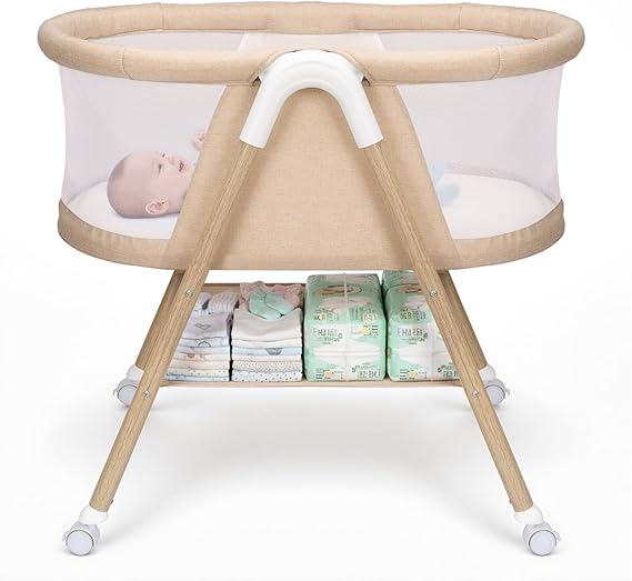 Uuoeebb Baby Bassinet, Bassinet Bedside Sleeper, Upgrade Safety Bedside Bassinet for Baby with 360 Silent Wheels, Storage Tray Basket, Breathable Mesh, Easy Move, Easy to Install,Khaki