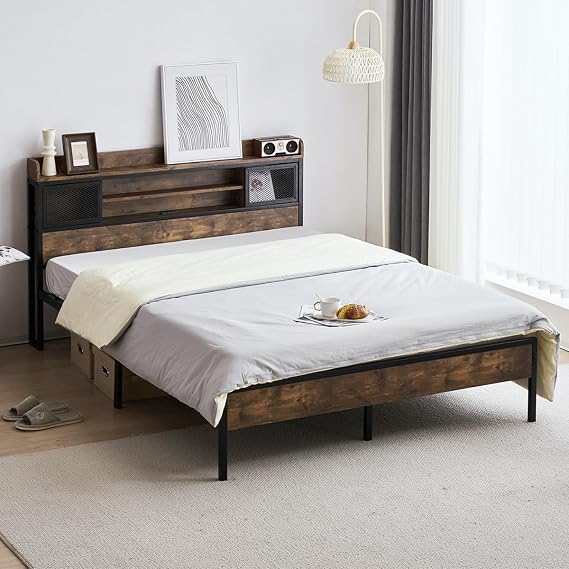 Bed Frame Single Semi-Double Double Bed with Outlet Pipe Bed with Hallway Wood Iron Bed with Headboard Vintage Look Under Bed Storage Legs Frame Only Sturdy Black, Double