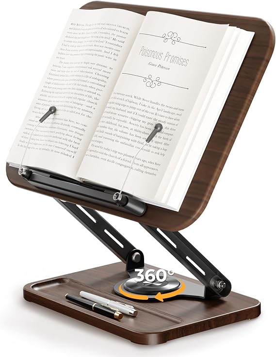 SupeDesk Book Stand for Reading Book Holder with 360° Rotating Wooden Base & Pen Slot Adjustable Wooden Book Holder Reading Stand with Elastic Ball Side Clip for Magazine Tablet Laptop