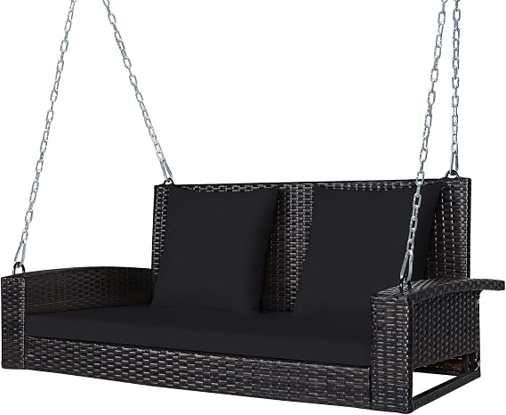 Tangkula 2-Person Wicker Porch Swing, Patiojoy Outdoor Rattan Hanging Swing Bench W/ 2 Back Cushions & 1 Seat Cushion, Sturdy Steel Chain, 800lbs Weight Capacity