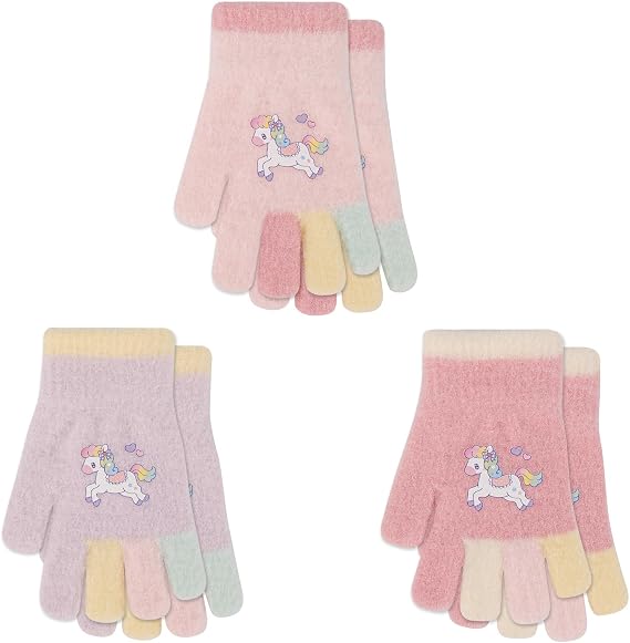 QKURT 3 Pairs Kids Magic Gloves, Toddler Gloves Warm Knit Glove Children's Colorful Glove Soft Thermal Mittens Stretch Winter Mittens Boys Girls Full Finger Mitten for 1-5 Years