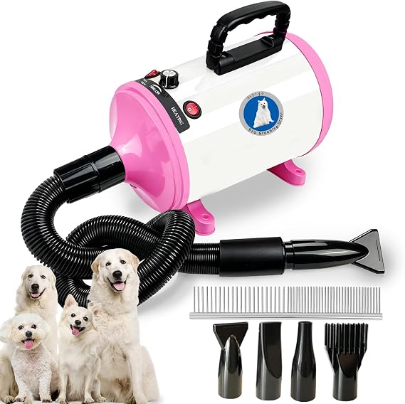 Dog Dryer for Pet Grooming, Dog Blow Dryer | Adjustable Temperature and Speed with 4 Different Nozzles