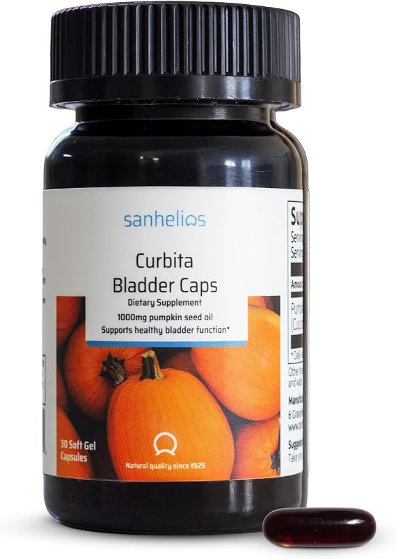 Sanhelios Curbita Pumpkin Seed Oil Capsules, Bladder Support, 30 Caps | 1,000mg Pumpkin Seed Oil - Healthy Bladder Function Support for Men & Women - Non-GMO, Sugar, Preservative & Gluten Free