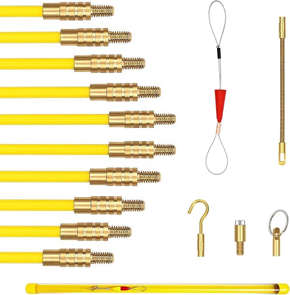 50' Fiberglass Cable Wire Running Rod Coaxial Electrical Connectable Fish Tape Pull Kit with Hook and Hole Kit in Transparent Tube, Yellow