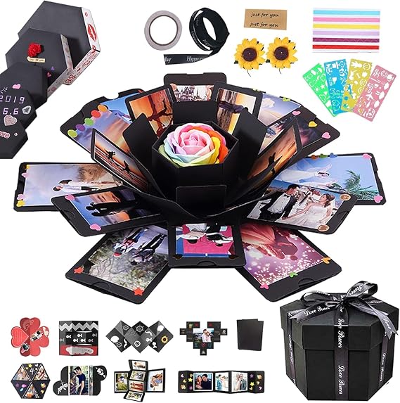 RECUTMS Explosion Box DIY Scrapbooking Set with 6 Faces Black Surprise Box | Handmade Photo Album Box for Birthday Anniversary Wedding Holiday Graduation Memory Book (6 Sides)