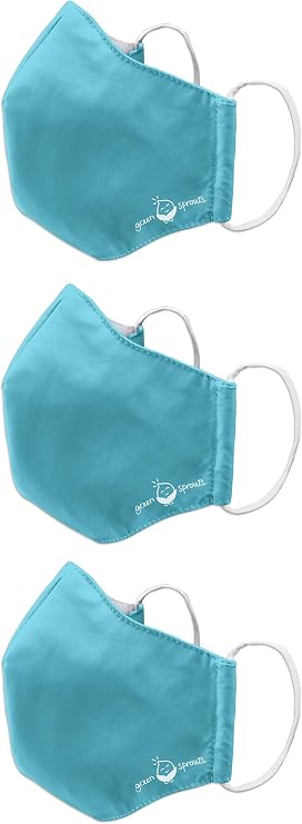 green sprouts i play 3 Pack Reusable Face Mask and Storage Bag with Carbon Filter and Water-Resistant Adult Large Aqua