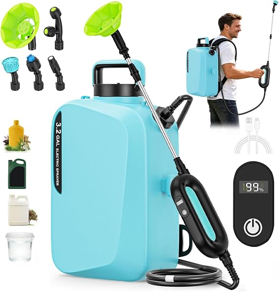 3.2 Gallon Battery Powered Backpack Sprayer, Electric Pump Backpack Sprayer with 5 Spray Water Mist Nozzles, Retractable Wand, Rechargeable Handle & Adjustable Shoulder Strap For Garden Lawn Yard Weed