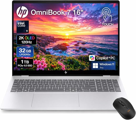 HP OmniBook 7 Touchscreen Laptop - 16inch 2K OLED 120Hz -Intel Core 9 270H Beat AMD Ryzen 9 8945H -32GB RAM -1TB SSD -Windows 11 Pro Office 365 - Business Computadora Portatil PC AI Copilot 2025