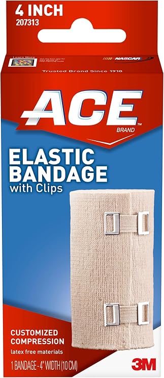 ACE 4 Inch Elastic Bandage with with Clips, Beige, Great for Leg, Shoulder and More, 1 Count