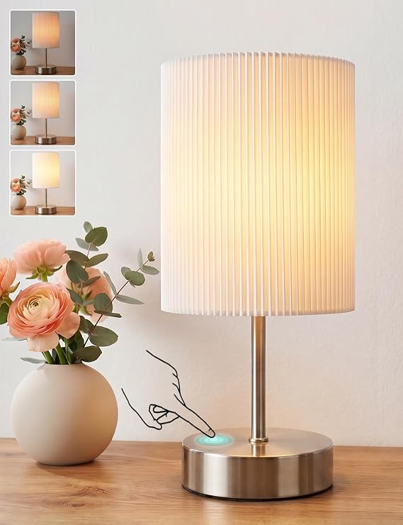 HSLighting Bedside Lamps, Touch Table Lamp for Living Room Bedroom, 3-Way Dimmable Small Lamp with 3D Pleats Fabric Shade Minimalist Nightstand Warm White for Kids Room Study Dorm Office Gift Decor