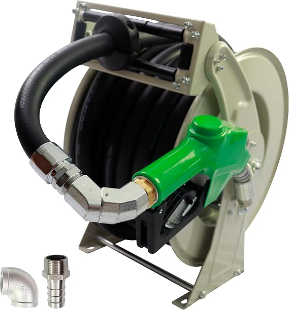 1"x50' Fuel Hose Reel & Fuel Nozzle & Fuel Hose Swivel,Spring Driven Retractable Diesel Hose Reel,Inlet 1" NPT Thread,Oulet 1" NPT Thread Swivel,Heavy Duty Steel Construction Reel