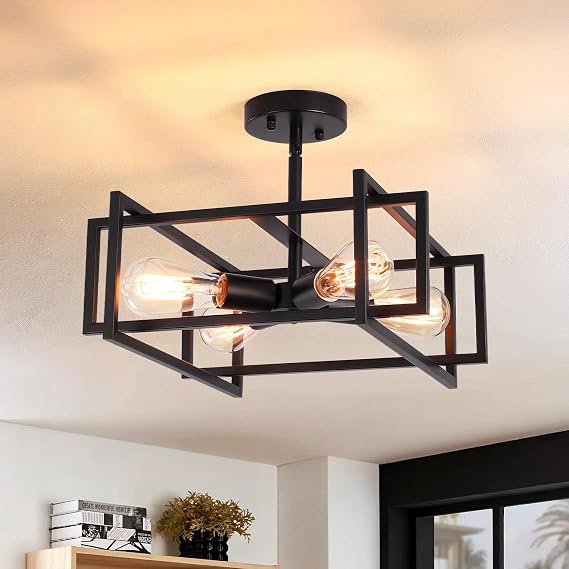 Black Ceiling Light Living Room - 4 Lights Industrial, Rectangle Frame, E27
