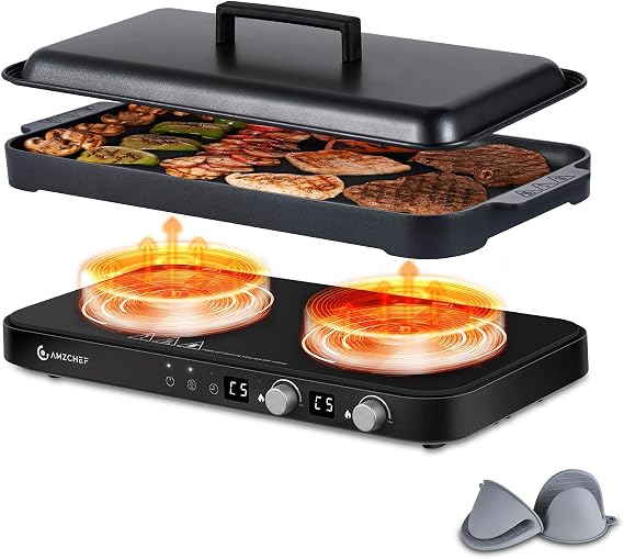 AMZCHEF Double Induction Cooktop with Removable Griddle Pan Non-stick,Black