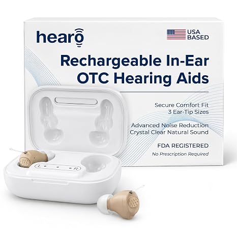 HEARO OTC Hearing Aids Rechargeable - Small CIC Invisible In-Ear Hearing Aid for Seniors & Adults | Mild to Moderate Hearing Loss | Amplified Sound Clarity | No Prescription Required (Pair)