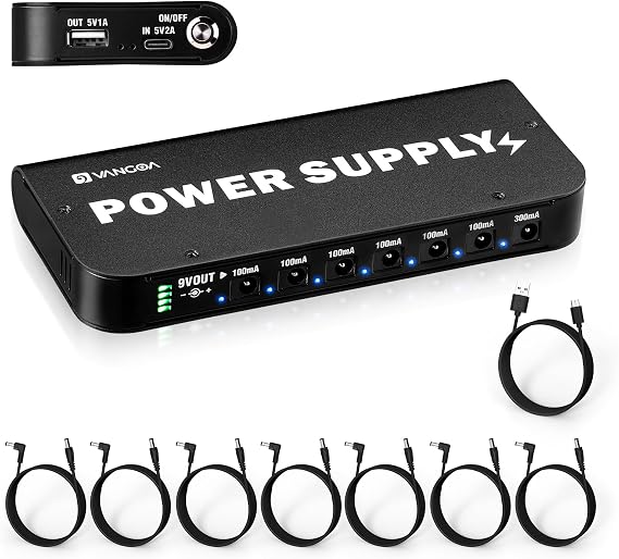 Vangoa Rechargeable Guitar Pedal Power Supply Built-in 4600mAh Battery with LED Indicator 7 Outputs DC 9V (300mA, 100mA), 5V/1A USB Port, Portable Guitar Pedal Power Supply, Black, PS-01